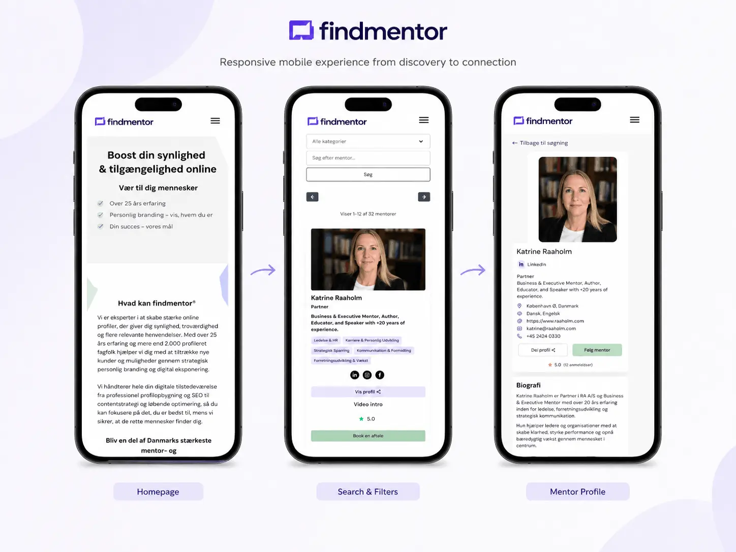 Find Mentor redesigned pages displayed on mobile devices