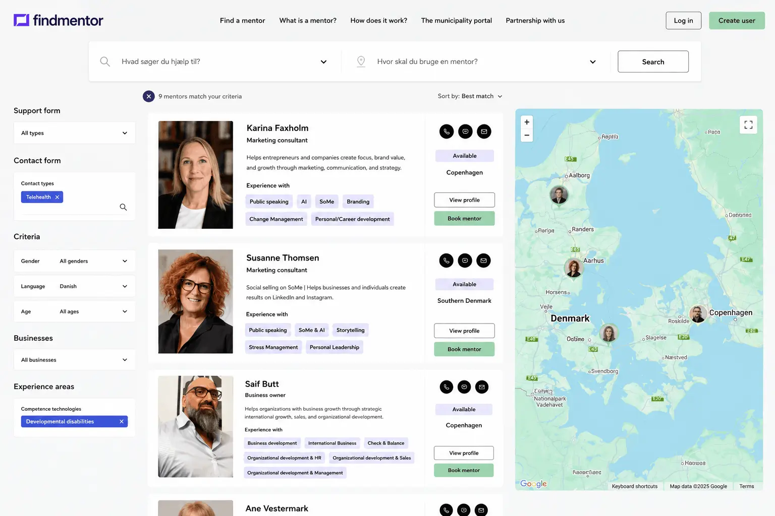 Find Mentor search page with filters for refining mentor results