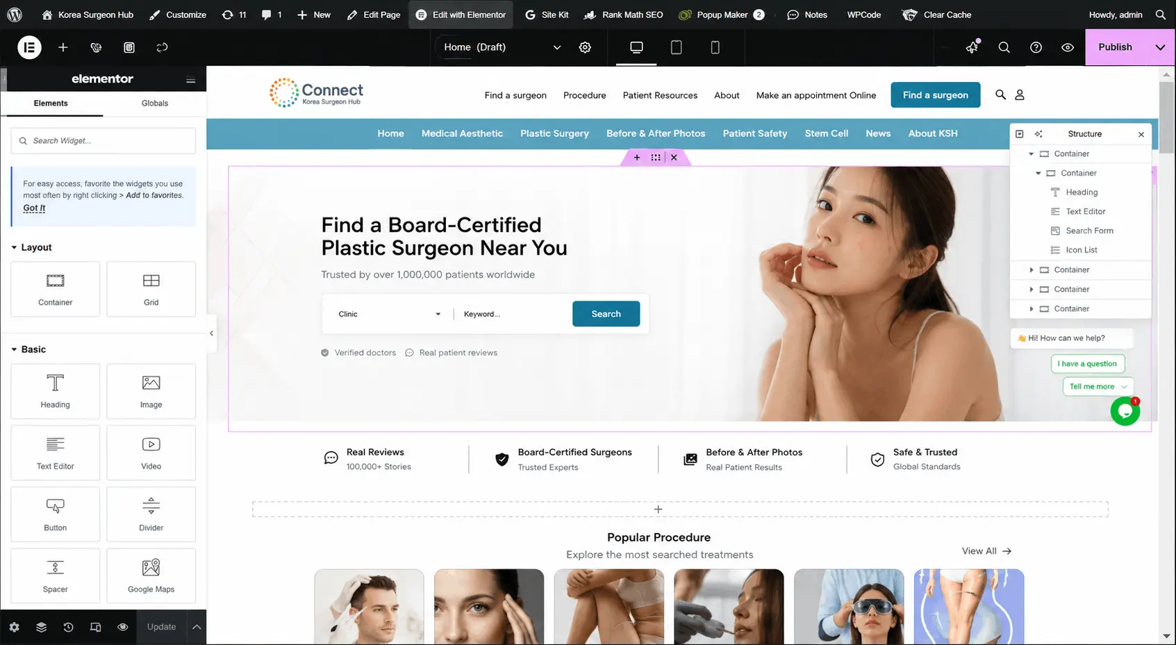 Figma medical website layout implemented in WordPress with Elementor and custom code