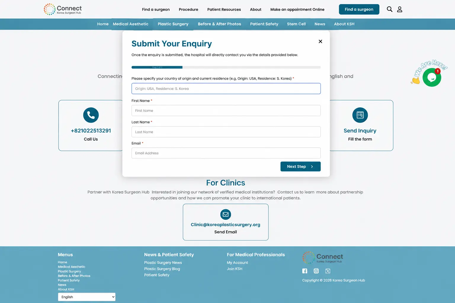 International patient medical enquiry form on Korea Surgeon Hub