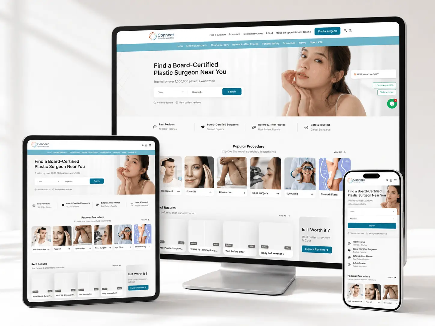 Korea Surgeon Hub medical directory displayed on desktop tablet and mobile screens