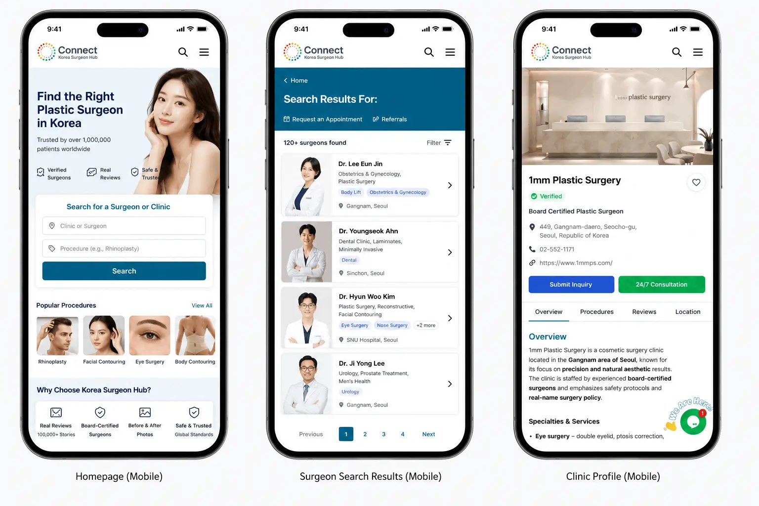 Korea Surgeon Hub medical website pages displayed on mobile devices