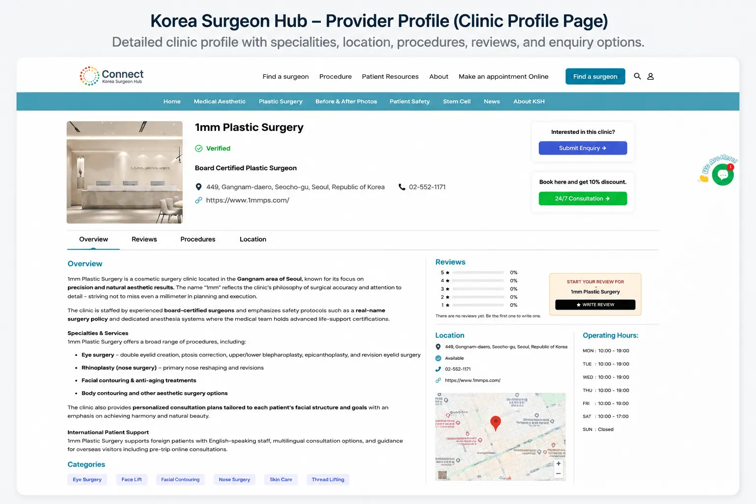 Detailed Korea Surgeon Hub clinic profile with specialties location and enquiry options
