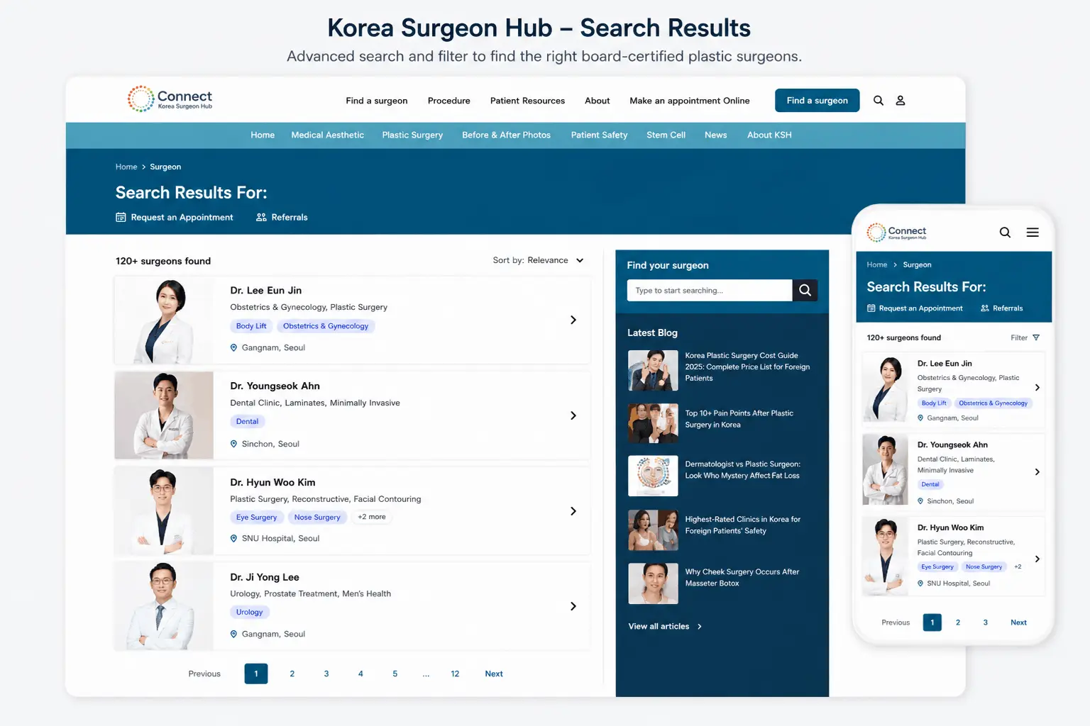 Korea Surgeon Hub search results for surgeons doctors and medical clinics