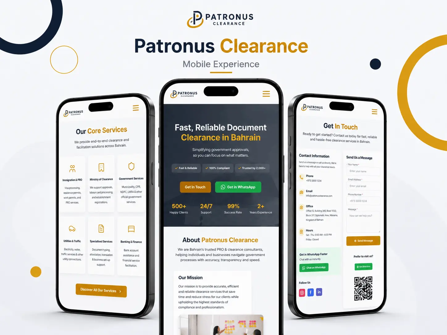 Patronus Clearance service pages shown on mobile devices