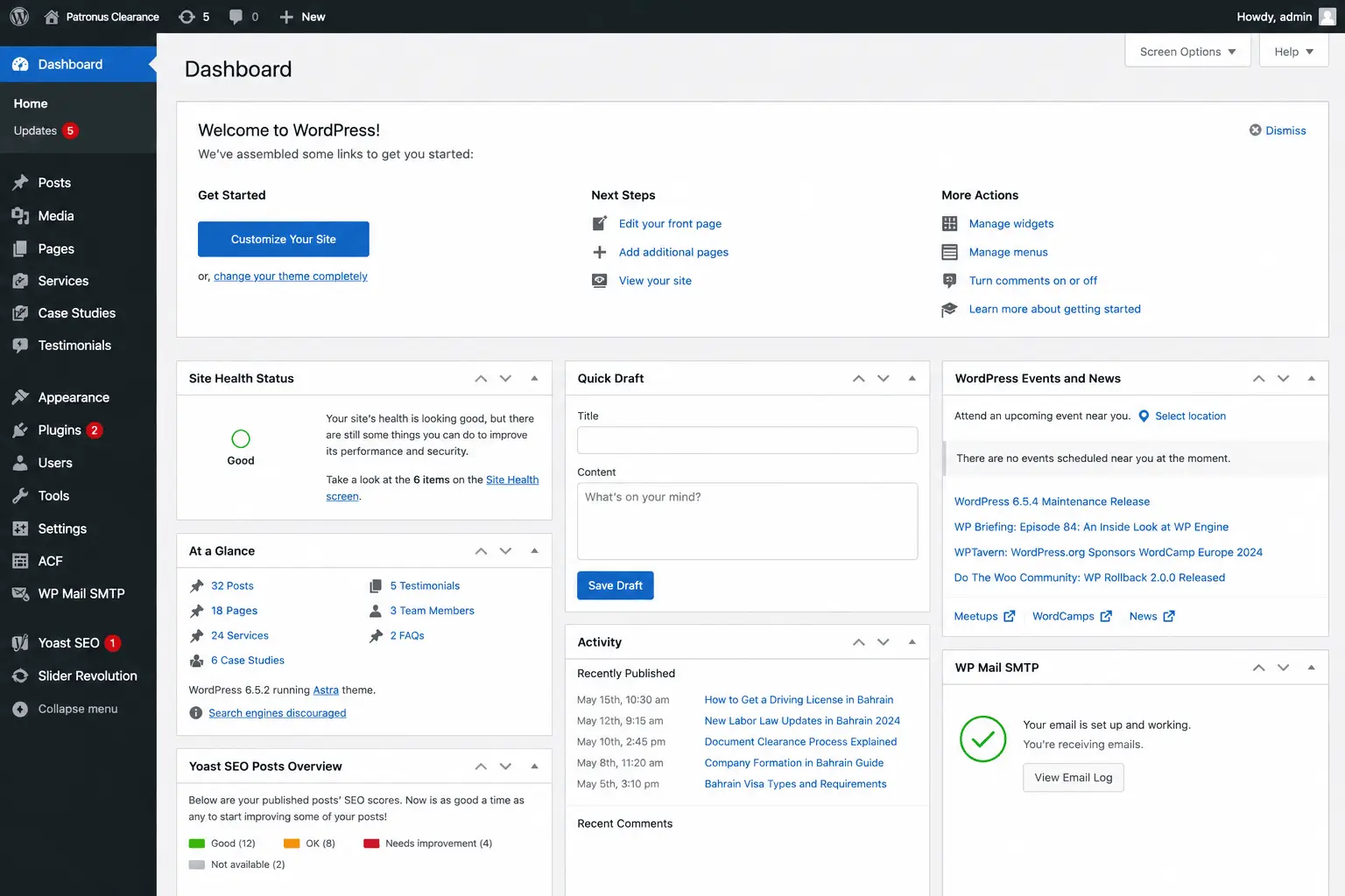 WordPress dashboard used to manage Patronus Clearance website content