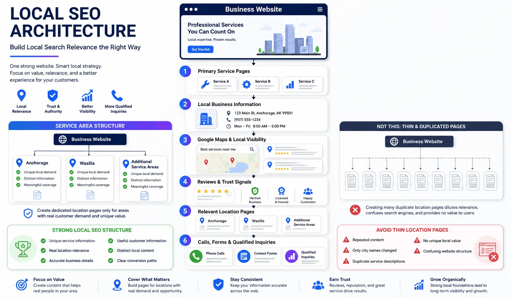 Local SEO roadmap showing business listings, service areas, maps, content, and inquiry tracking