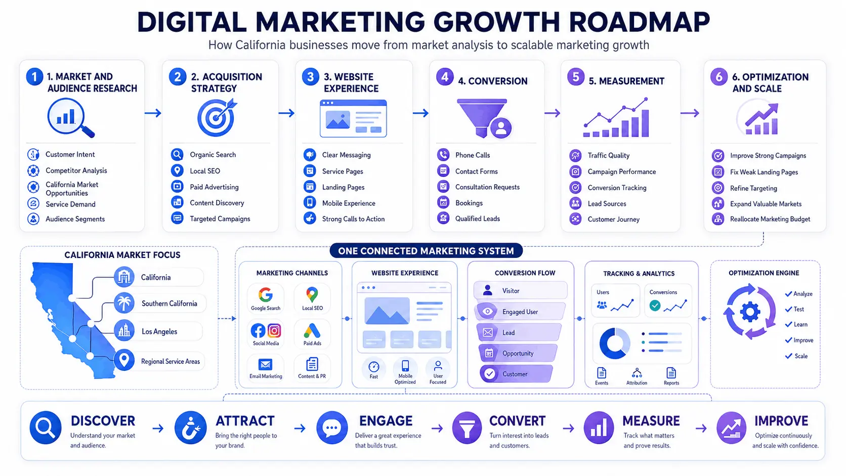 California marketing growth roadmap showing acquisition, website conversion, and reporting stages