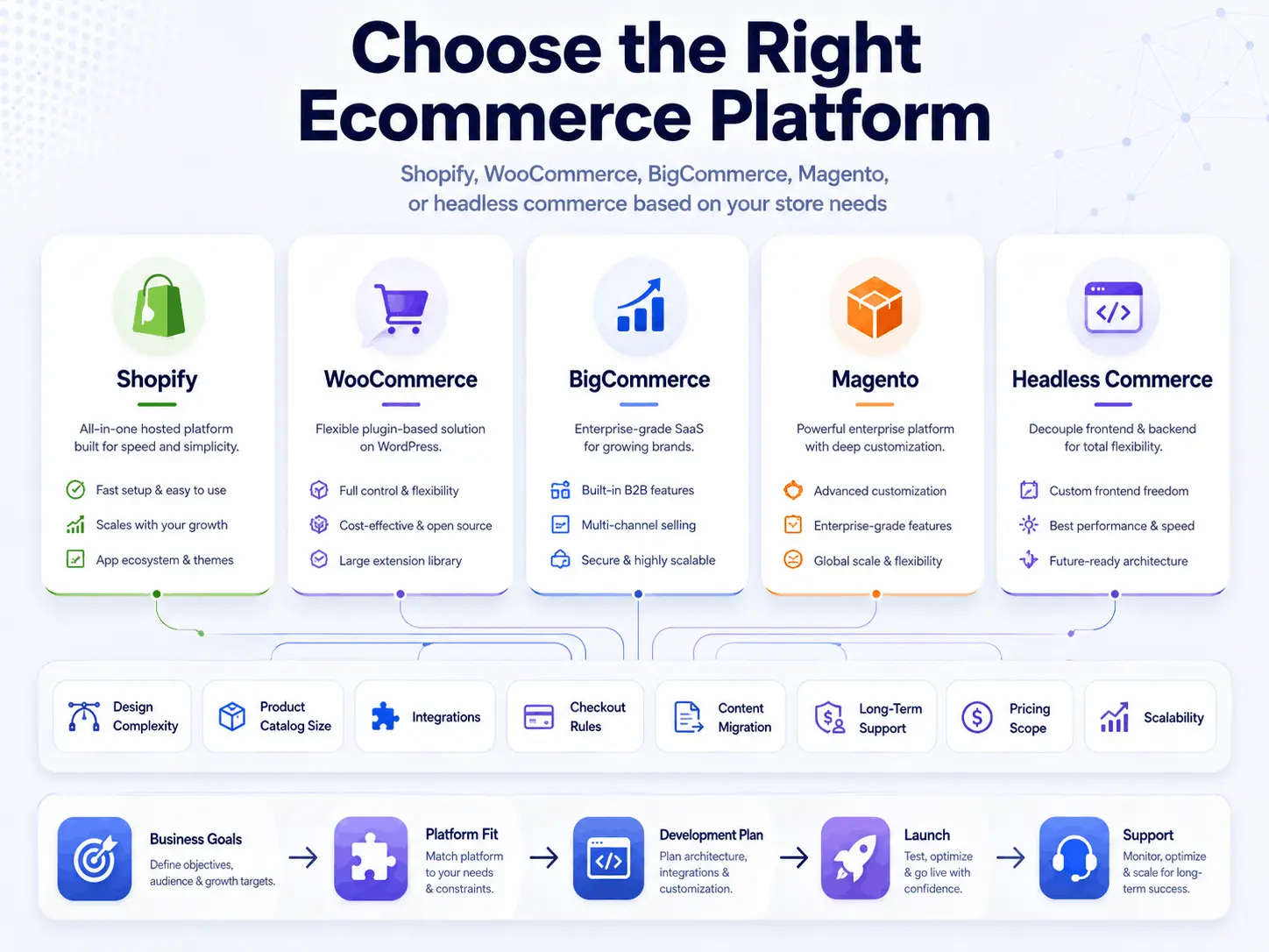 Ecommerce development roadmap showing platform selection, integrations, launch, and support