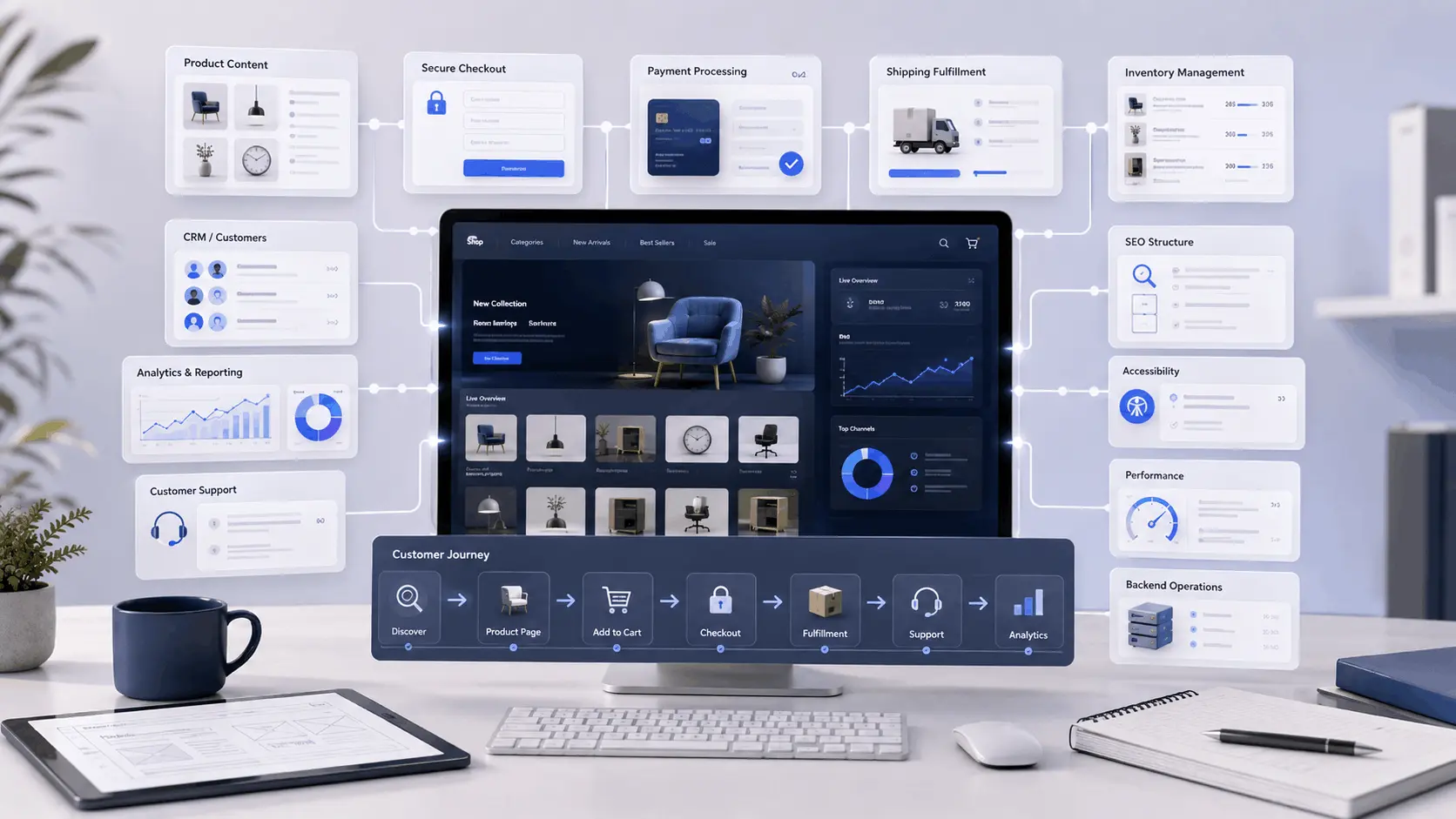 Online store design workflow with product catalog checkout integrations and analytics tracking