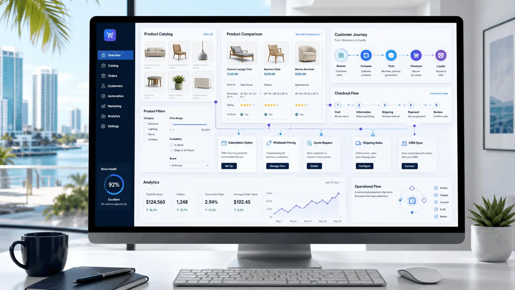 Miami ecommerce website planning dashboard with product catalog and checkout flow