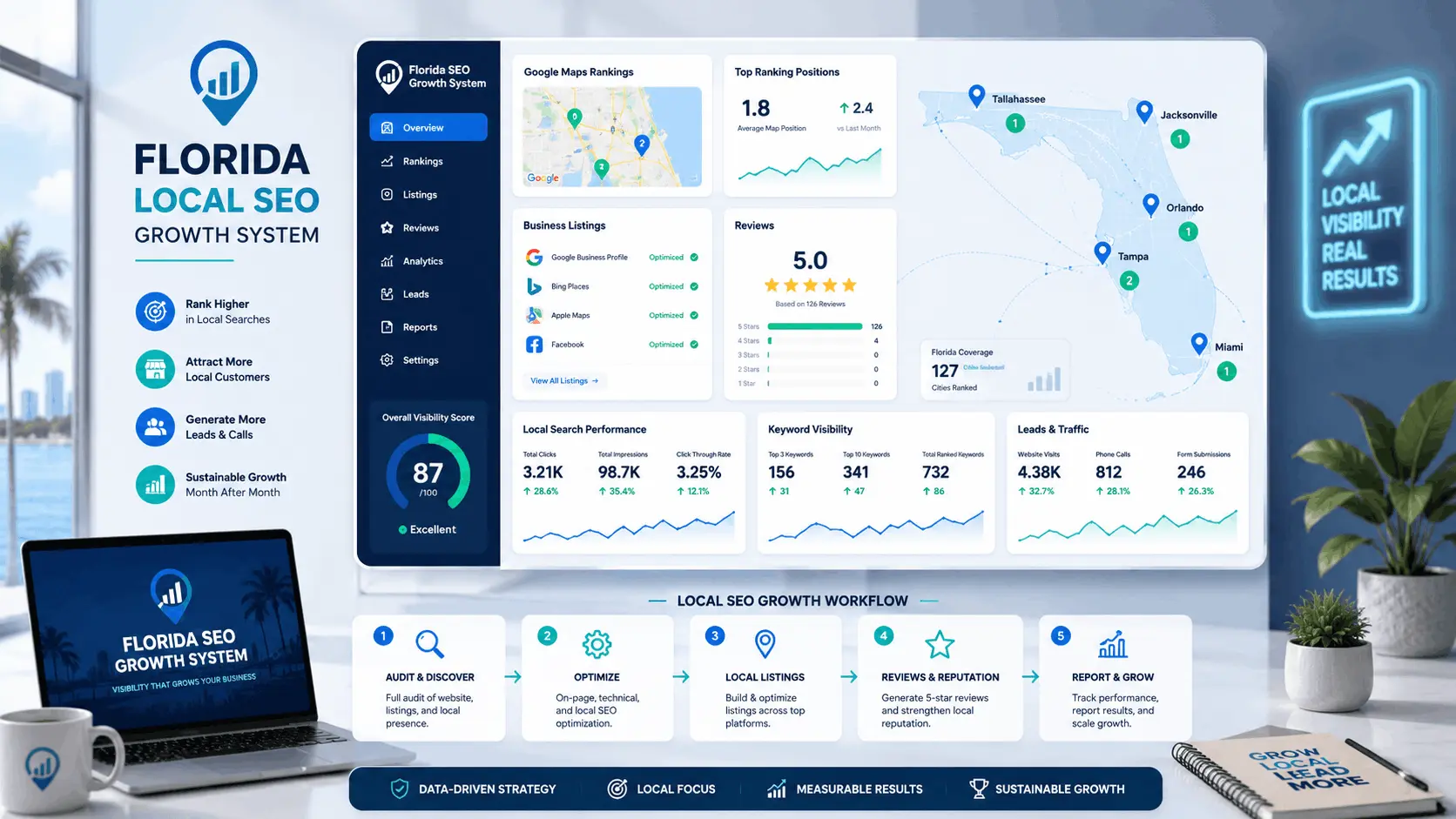 Florida local SEO roadmap with content planning, rankings, and qualified lead tracking