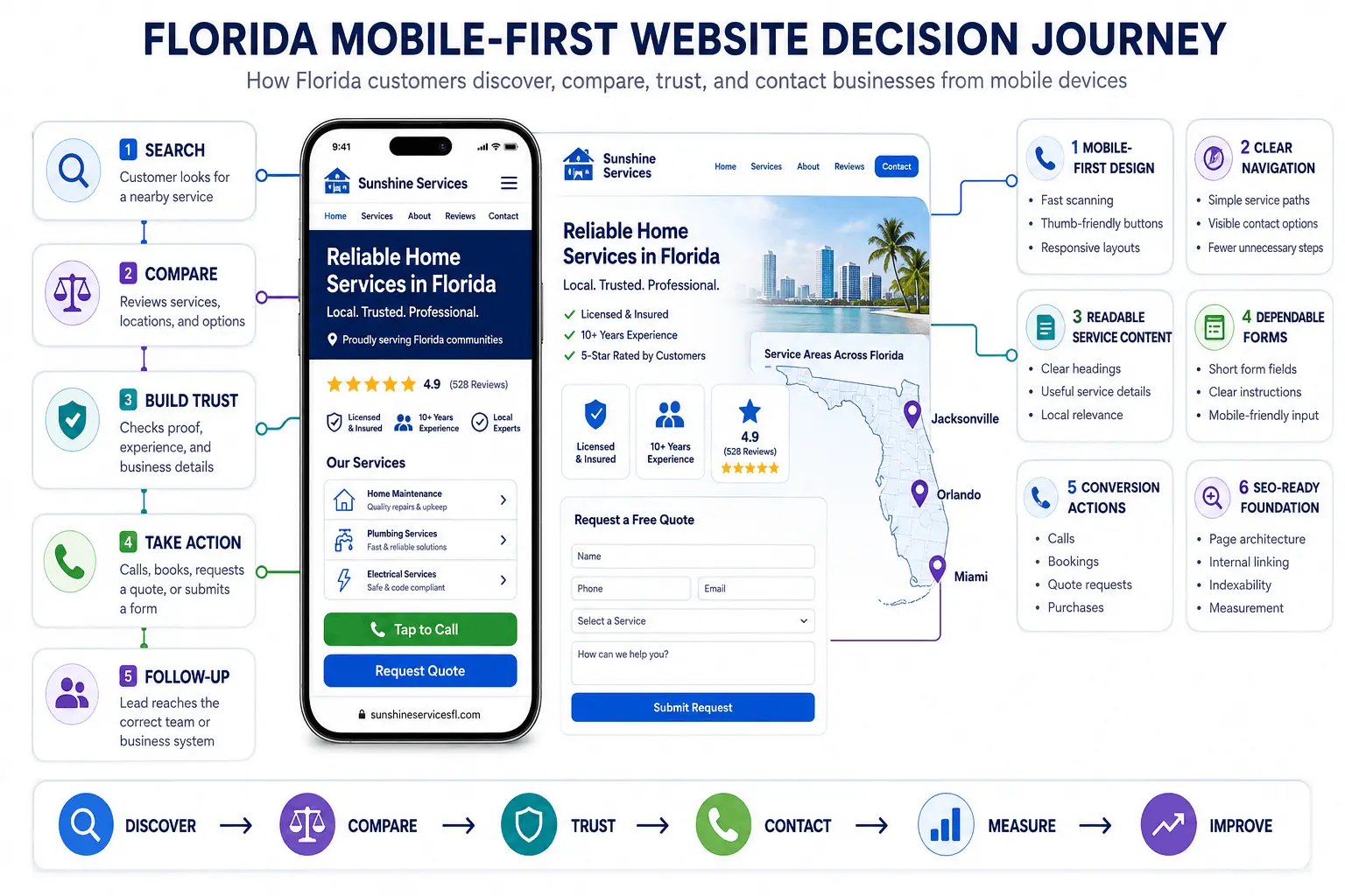 Florida business website planning dashboard with mobile layouts, service pages, forms, and conversion paths