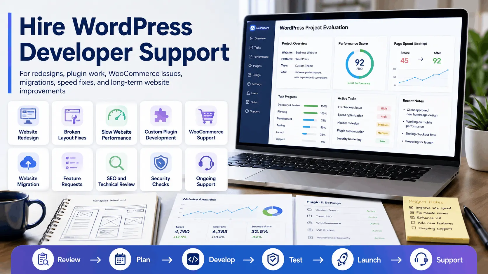 WordPress developer planning dashboard for custom websites, plugins, performance, and support