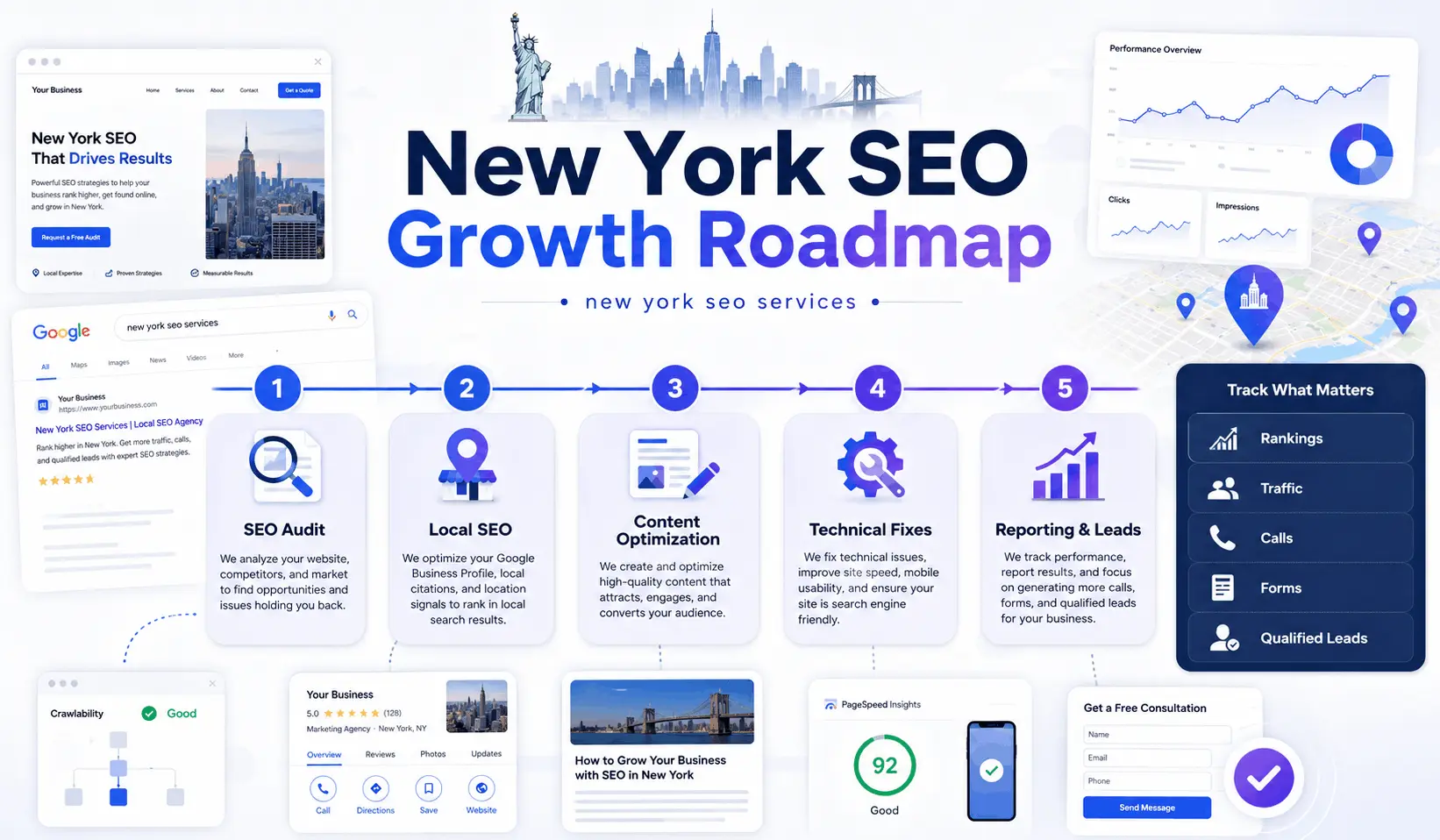 SEO roadmap for New York businesses showing audit, local SEO, content, reporting, and lead growth