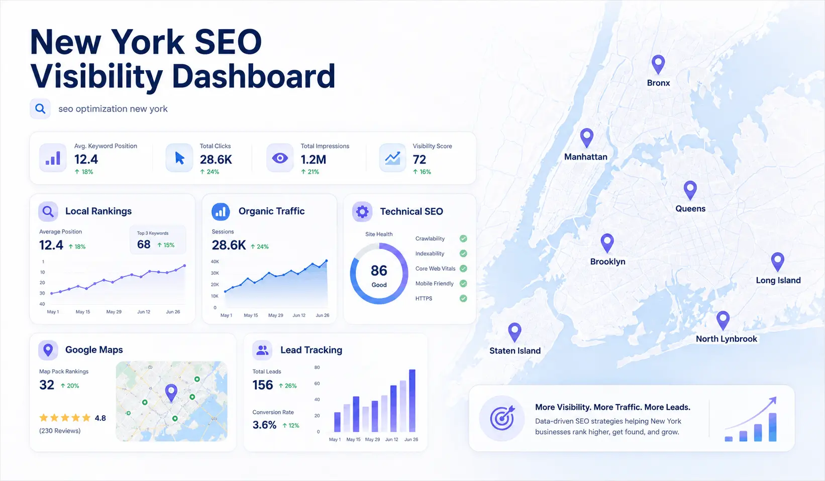 New York SEO dashboard showing rankings, technical checks, local visibility, and lead tracking