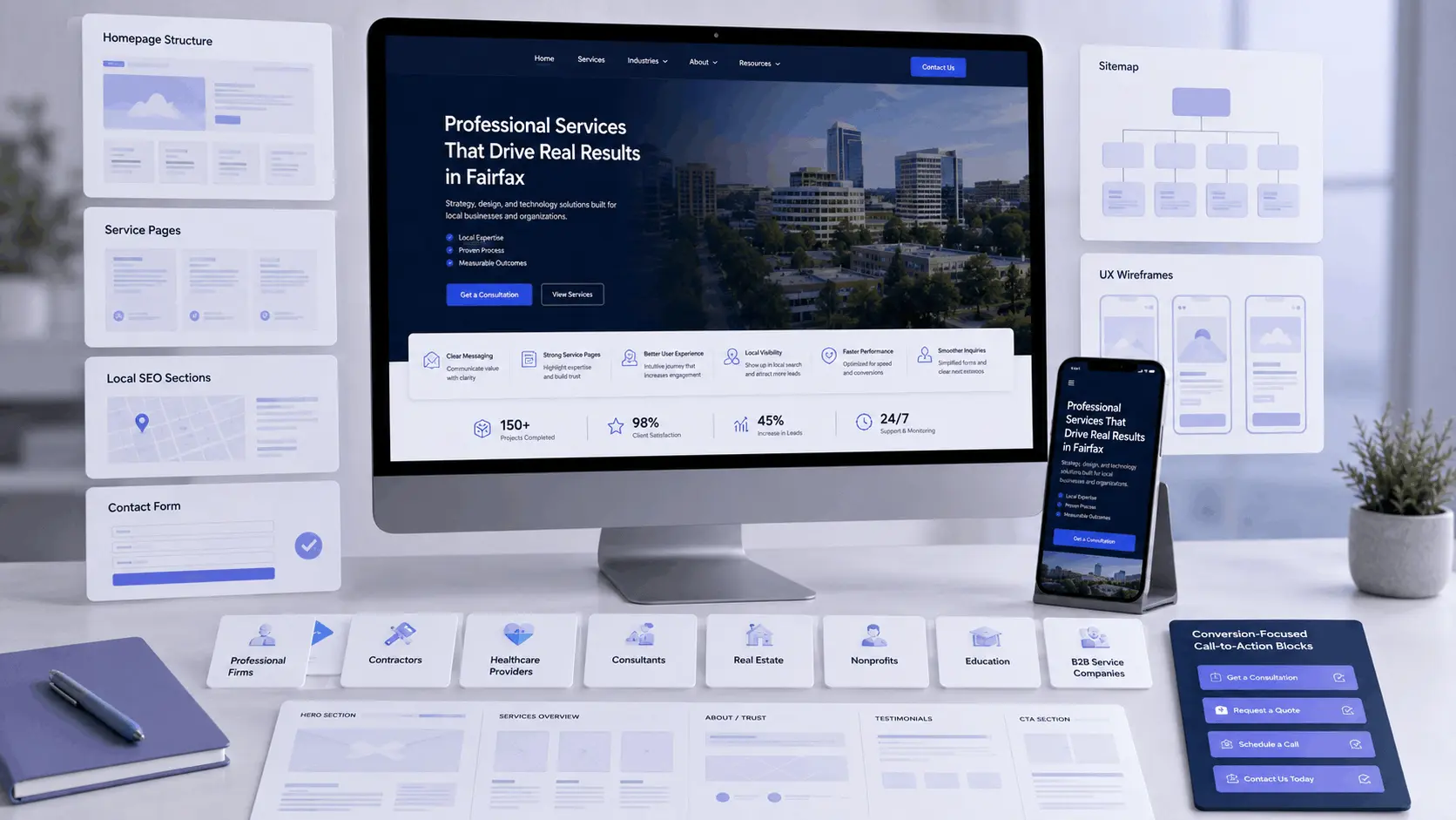 Modern website design planning dashboard for a Fairfax service business