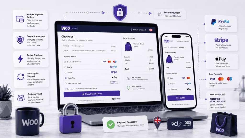 WooCommerce payment gateways including PayPal, Stripe, and UK options, showing secure online transactions.