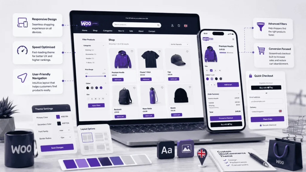 WooCommerce theme examples highlighting mobile and desktop layouts for online stores