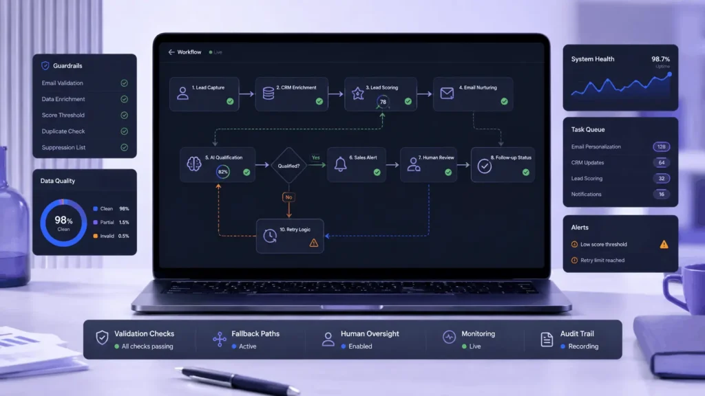 B2B digital marketing strategy automation workflow showing CRM enrichment, lead scoring, email nurturing, AI qualification, and sales alerts