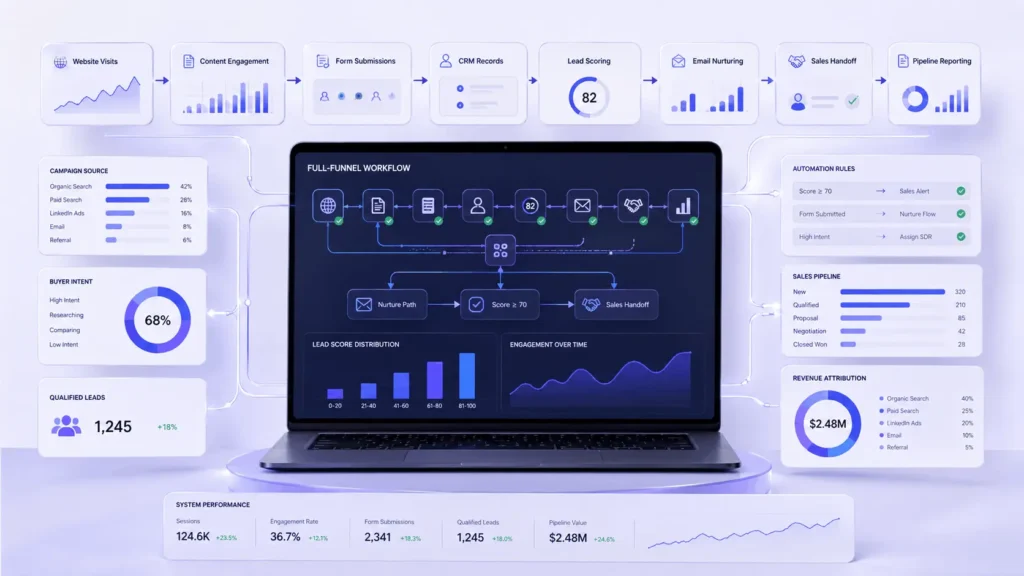 B2B digital marketing strategy architecture showing CRM workflow, lead scoring, automation, sales handoff, and pipeline reporting