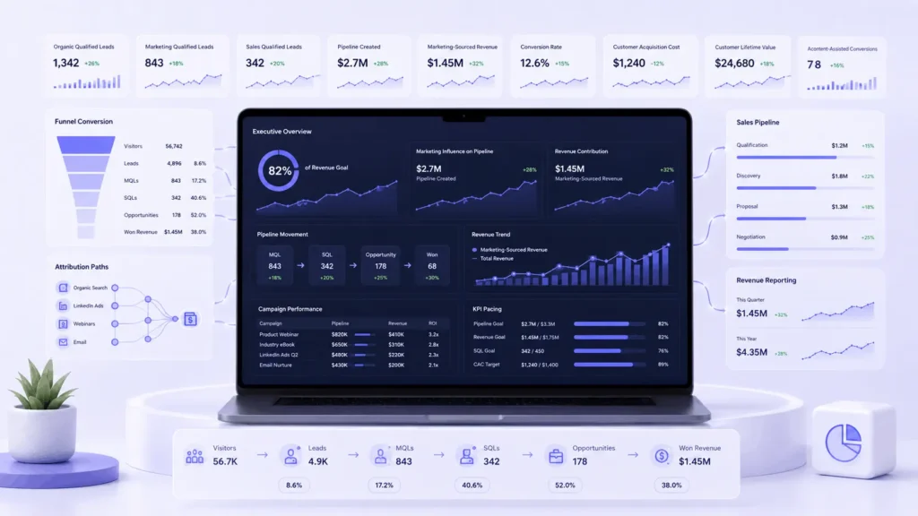B2B digital marketing strategy performance dashboard showing qualified leads, pipeline, attribution, conversion rates, and revenue reporting