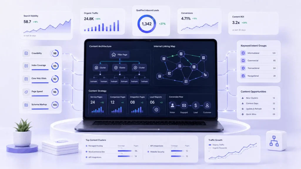 B2B digital marketing strategy SEO dashboard showing content clusters, technical SEO, internal links, organic traffic, and qualified leads