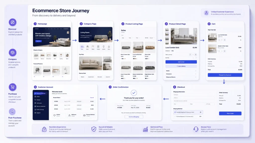 Best ecommerce website structure showing homepage, category page, product listing page, product page, cart, checkout, and order confirmation flow.