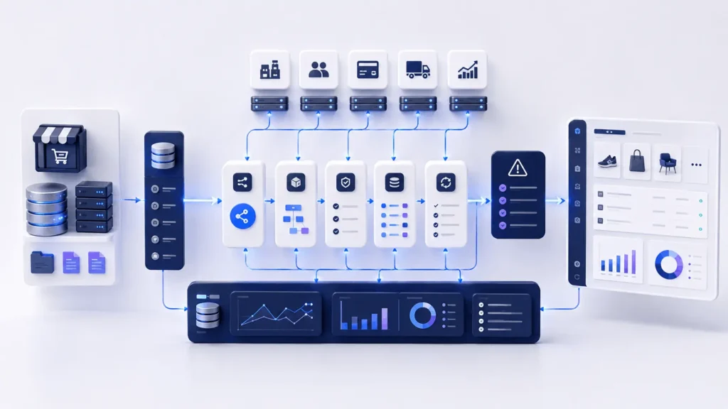 BigCommerce migration architecture showing API pipeline, data validation, queues, and ecommerce system connections