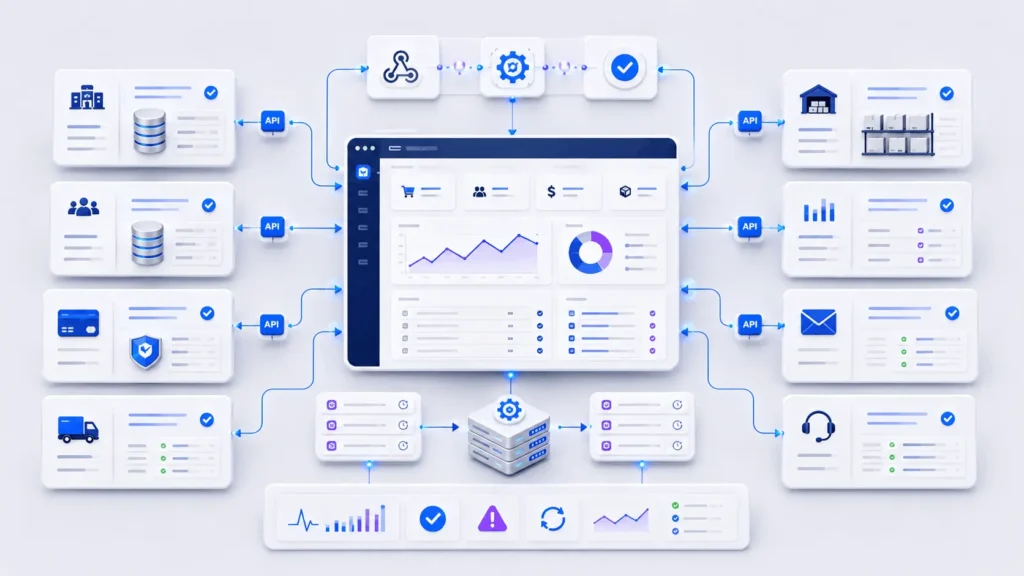 BigCommerce migration integration workflow showing ERP, CRM, payments, shipping, webhooks, and automation systems