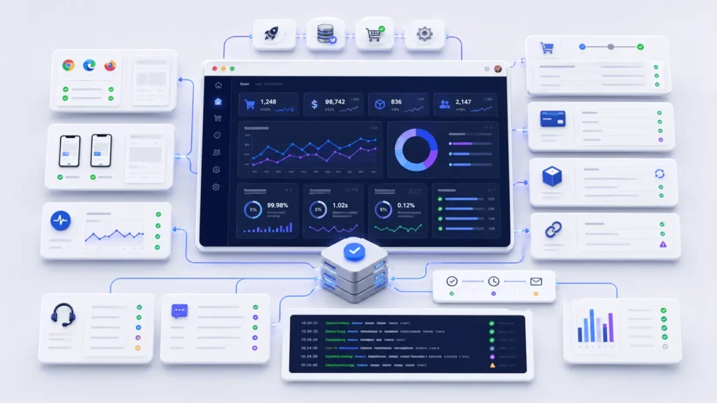 BigCommerce migration post-launch monitoring showing checkout testing, orders, redirects, analytics, and integration health