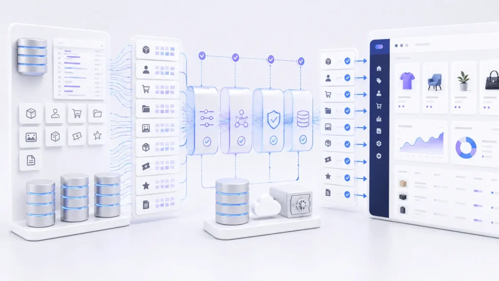 BigCommerce migration data transfer showing products, customers, orders, categories, images, and inventory records