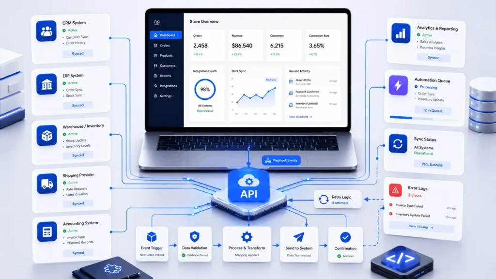 Custom WooCommerce plugin development for API integrations, CRM sync, ERP automation, and webhooks