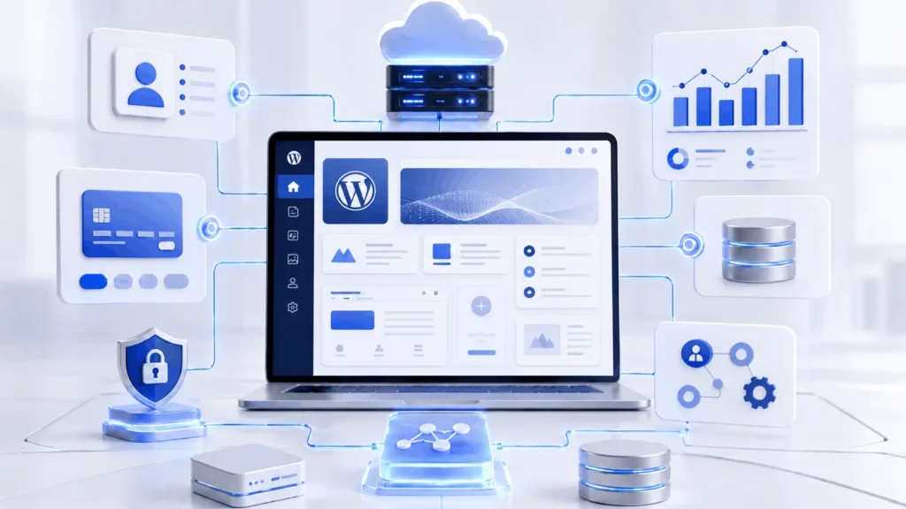 Custom wordpress website development architecture connecting WordPress with CRM, payments, database, analytics, and automation systems