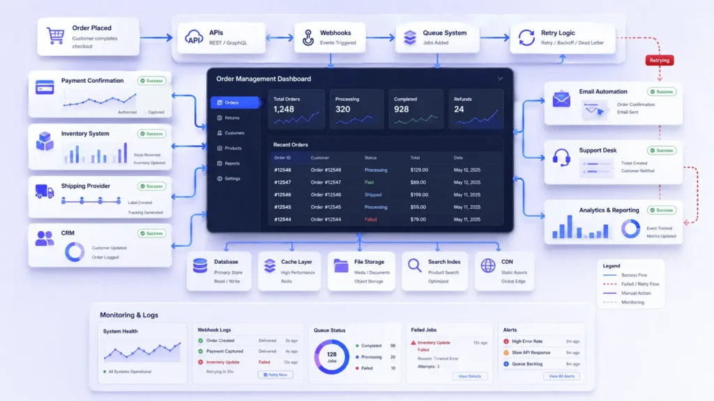 Ecommerce backend workflow showing APIs, webhooks, queue system, retries, payment confirmation, inventory, shipping, CRM, and analytics.