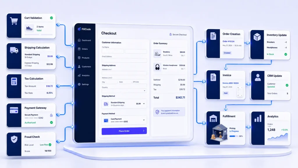 Ecommerce checkout structure showing cart validation, payment, shipping, inventory, CRM, fulfillment, and analytics workflow.