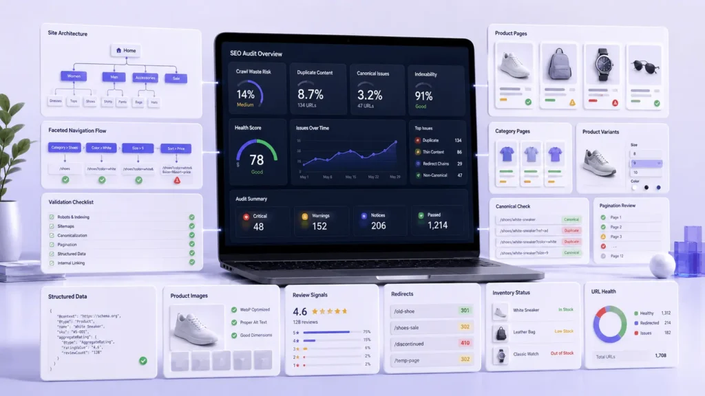 Ecommerce SEO audit checklist showing product pages, category pages, canonical URLs, filters, schema, and redirects.
