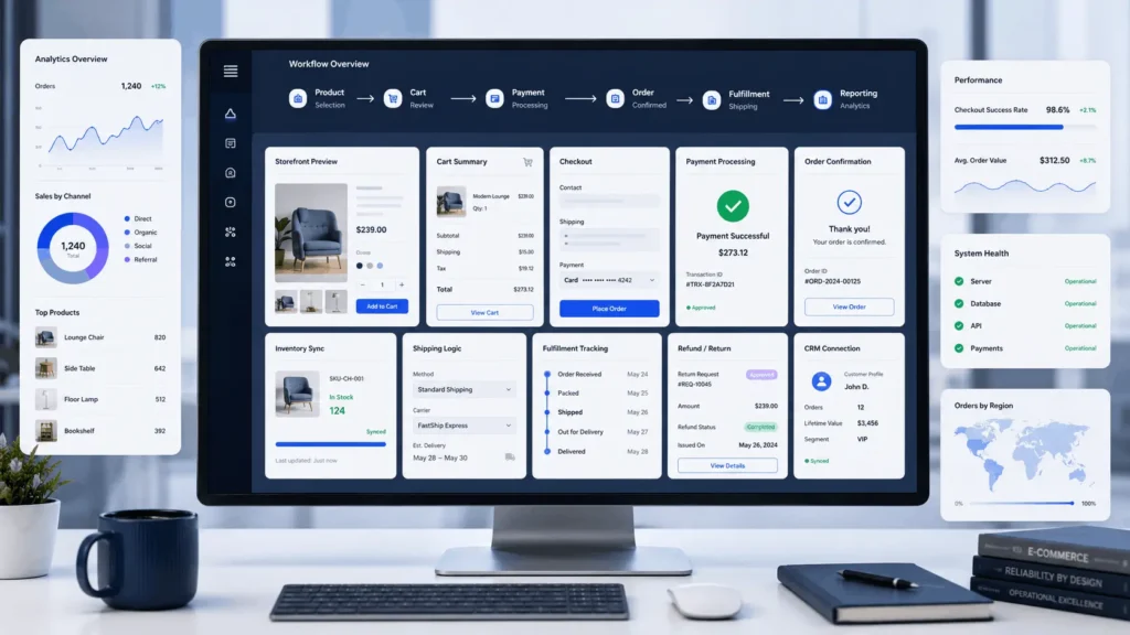 Ecommerce website design Fairfax VA showing checkout workflow, payment status, inventory sync, order processing, and analytics dashboard