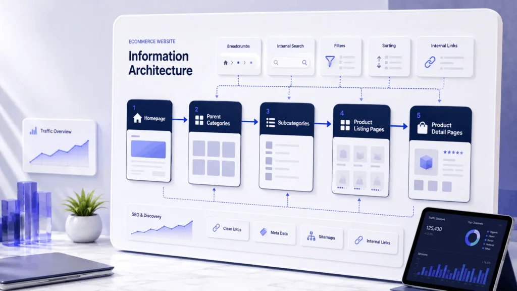 Ecommerce website structure map showing homepage, categories, subcategories, product pages, breadcrumbs, filters, and internal search.