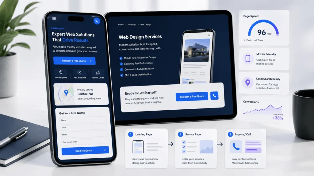 Mobile website design Fairfax VA showing responsive layout, click-to-call, quote form, local search, speed, and conversion flow