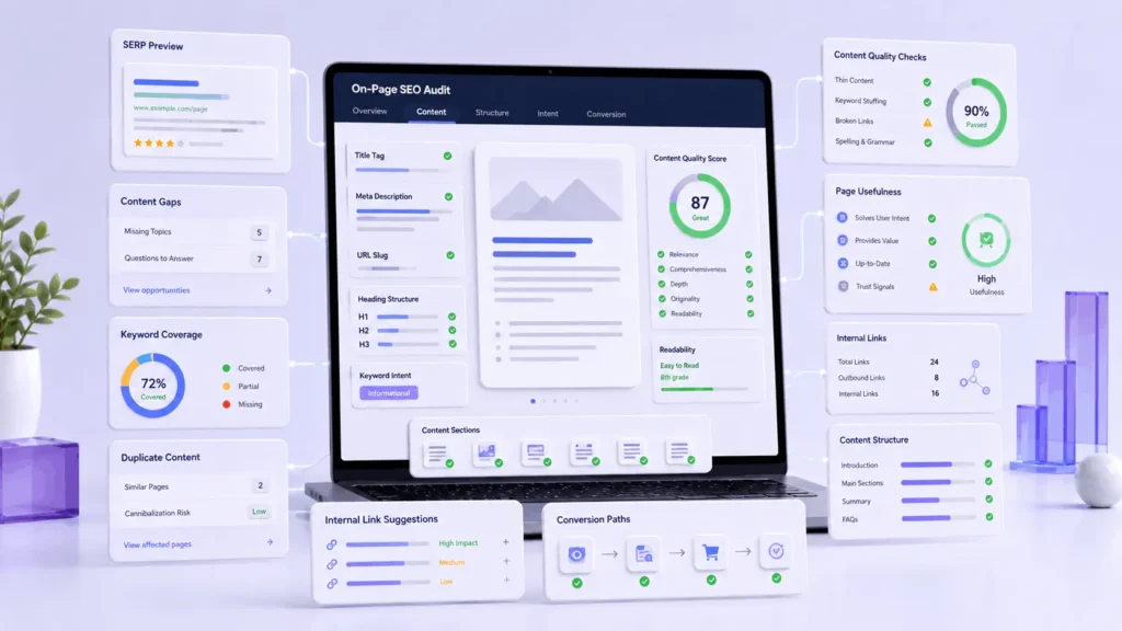 On-page SEO audit checklist showing title tags, meta descriptions, content quality, search intent, and internal links.