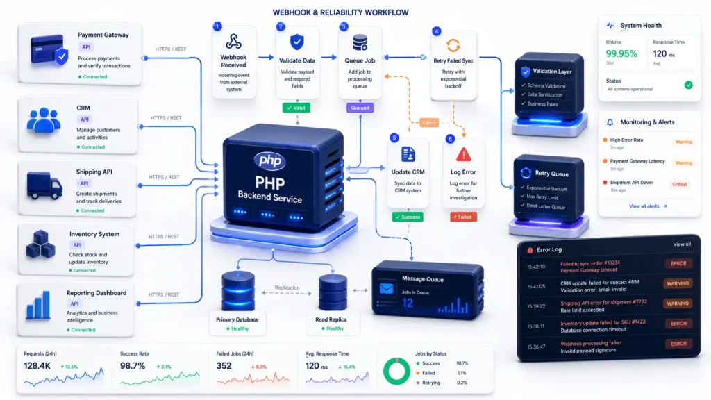 PHP API integration workflow showing webhooks, validation, retry queues, CRM sync, payment gateway updates, and error logging