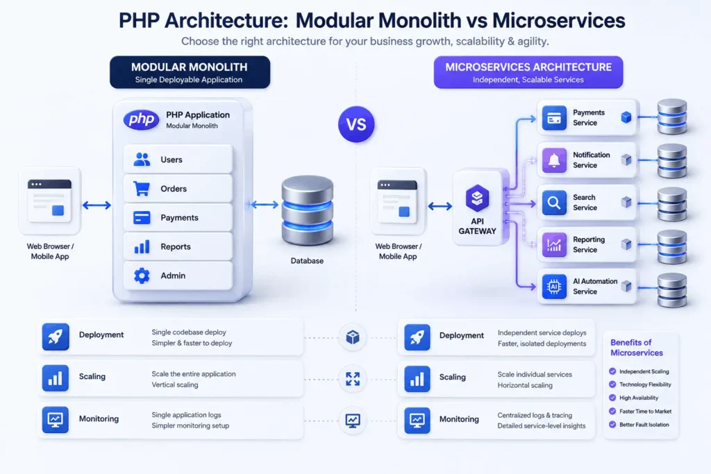 Modular monolith versus microservices architecture comparison for scalable PHP systems and backend services