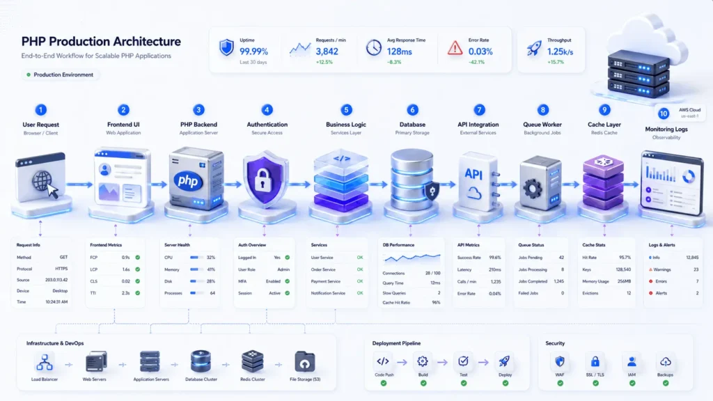 PHP production workflow showing frontend request, backend processing, database operations, API integration, queues, cache, and monitoring
