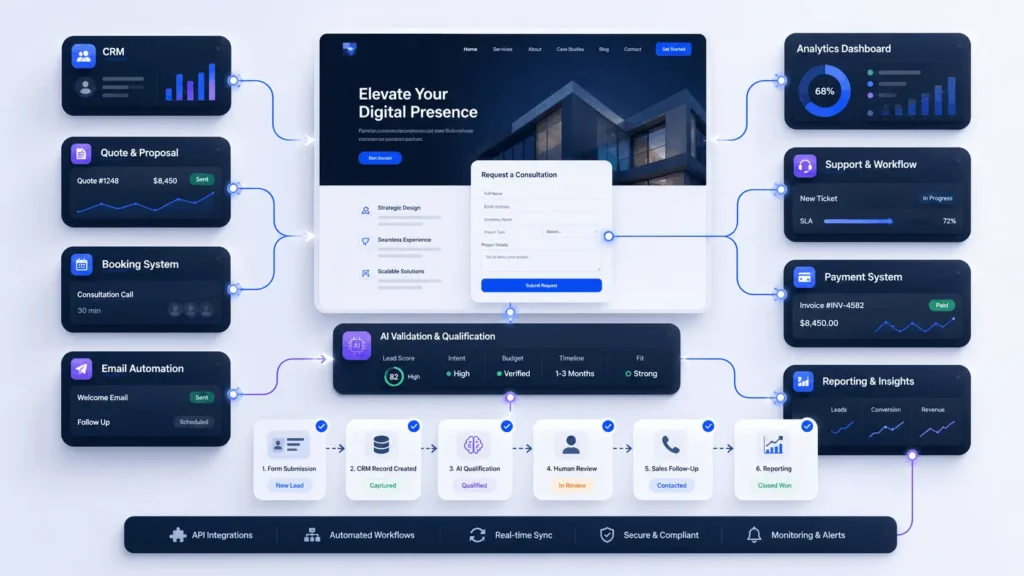 Website Design Fairfax VA integration workflow showing CRM automation, API connections, AI validation, lead routing, and reporting dashboard