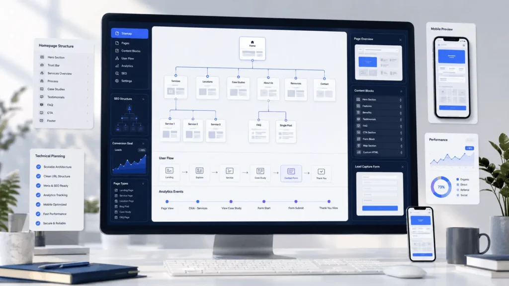 Website Design Fairfax VA architecture planning with sitemap, service pages, mobile preview, SEO structure, and conversion flow