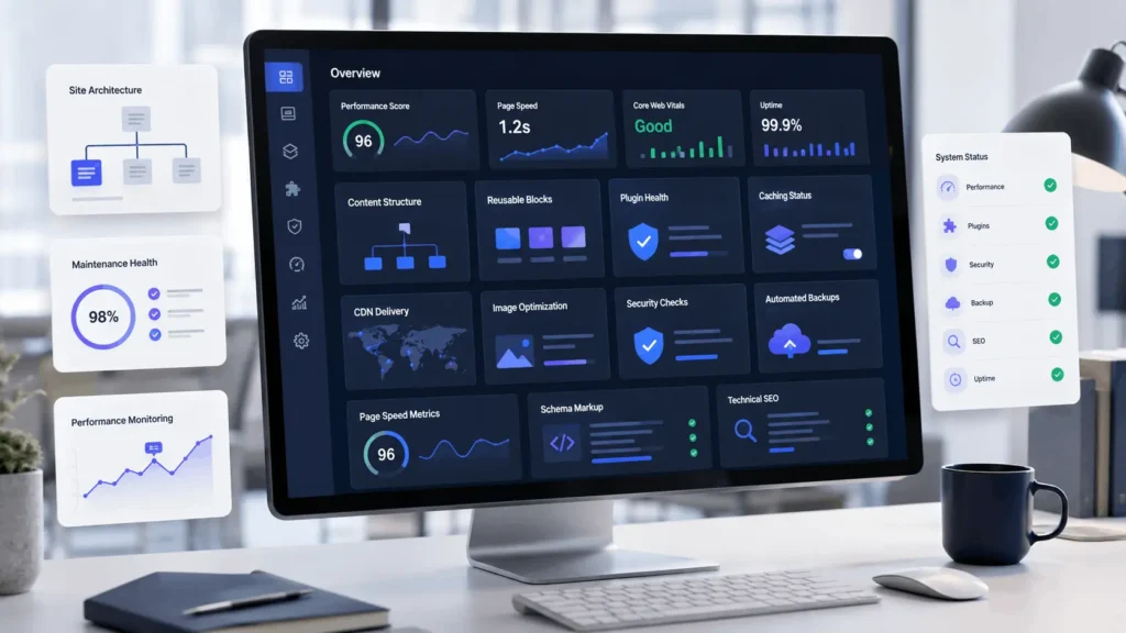 Website Design Fairfax VA WordPress architecture with caching, CDN, plugin health, security, page speed, and technical SEO dashboard