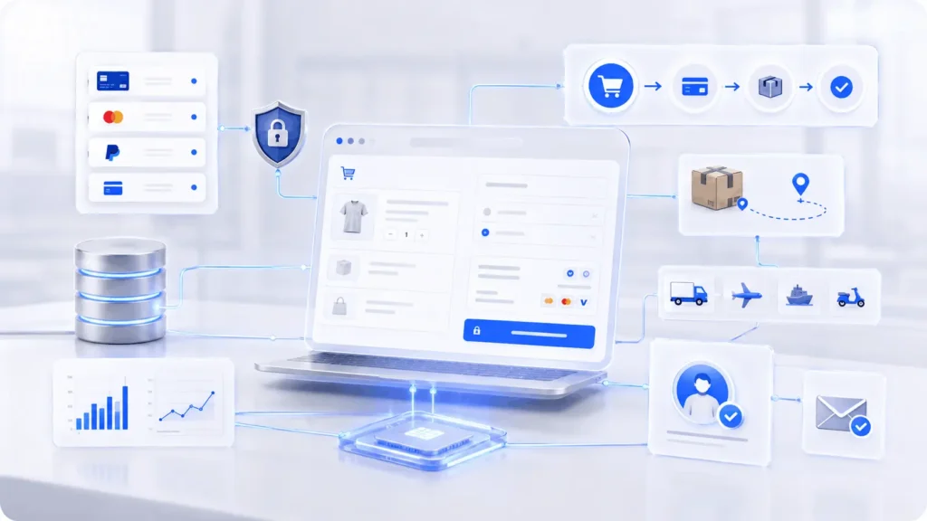 WooCommerce checkout scaling with payment gateway, inventory, shipping logic, order status, and secure ecommerce workflow