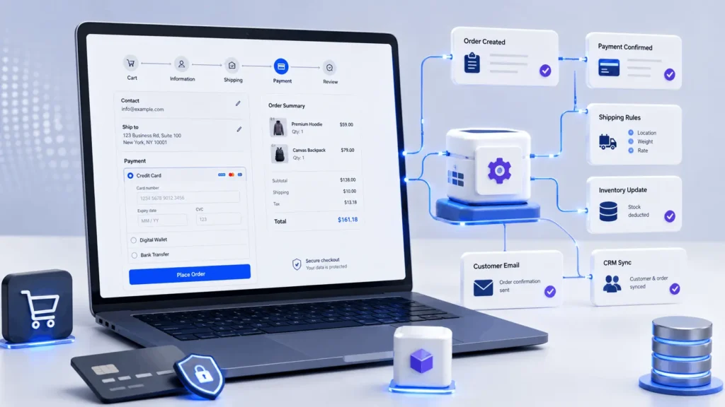 WooCommerce plugin development checkout workflow with orders, payments, inventory, and CRM sync