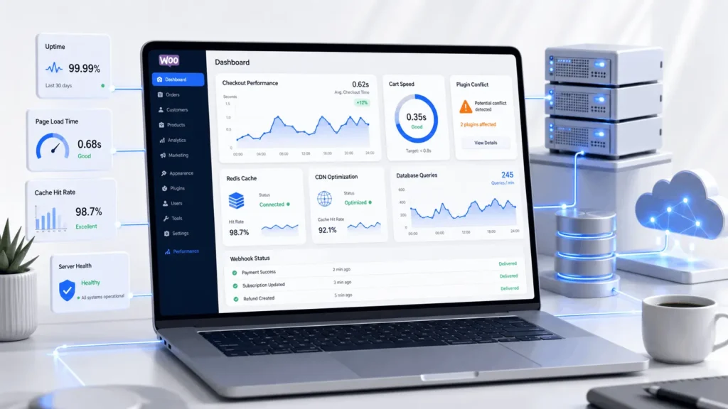 WooCommerce scaling dashboard showing checkout speed, Redis caching, plugin conflict monitoring, database queries, and payment webhook reliability